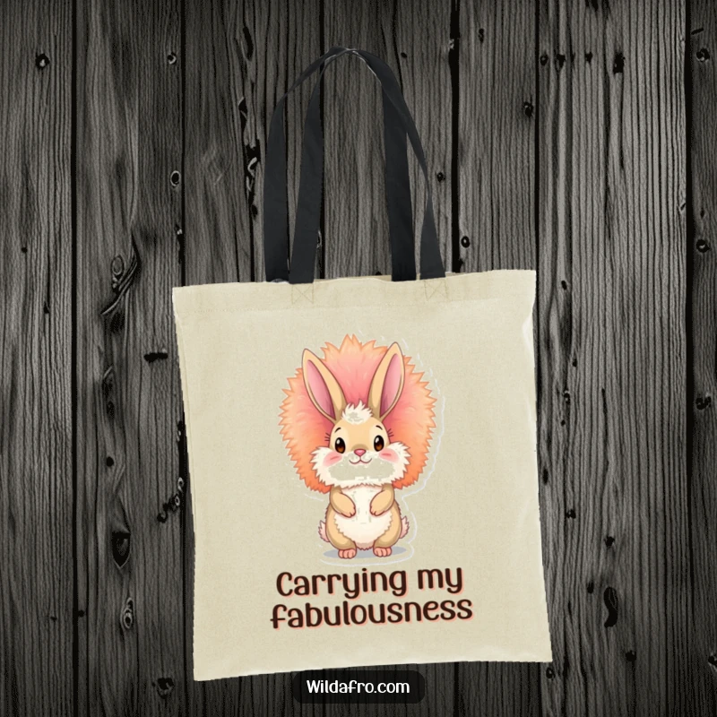 Funny bunny afro tote bag with a fluffy bunny sporting a large, vibrant, towering afro, a stylish and humorous accessory.