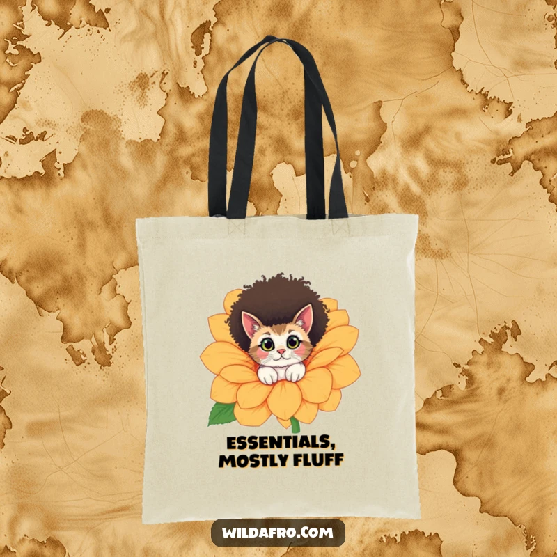 Funny cat with a cool afro peeking from a giant flower, printed on a practical and humorous tote bag.
