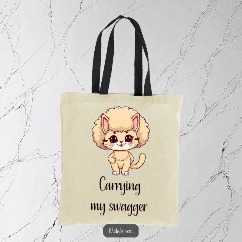 Funny cat with a stylish, fluffy afro on a tote bag, exuding confidence and 70s coolness, a chic funny gift.