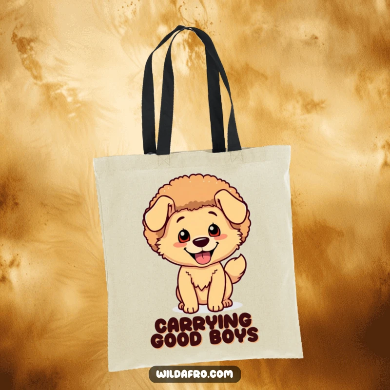Funny Dog Afro Tote Bag: A happy dog character beams with a shimmering afro and a happily wagging tail.