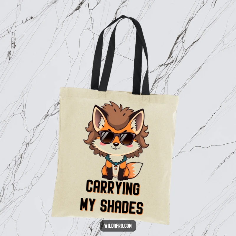 Funny fox tote bag, a stylish fox with a voluminous afro and sunglasses, a chic and humorous accessory.