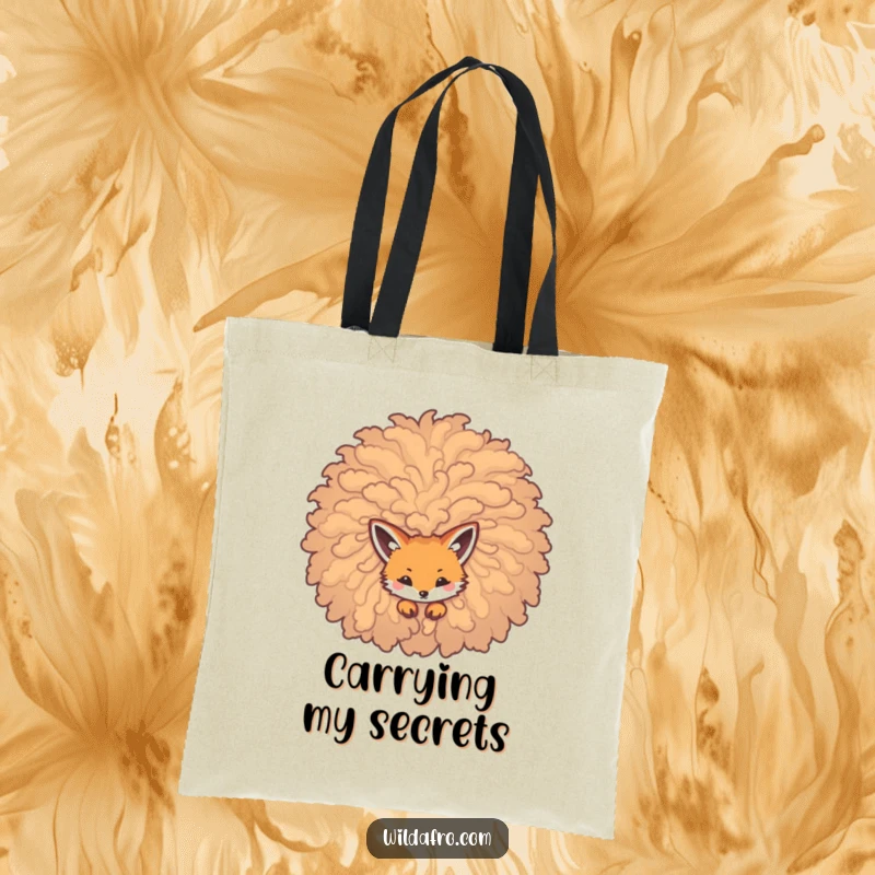 Funny tote bag with a sly fox peeking from a huge, curly afro, perfect for carrying items with a touch of mystery.