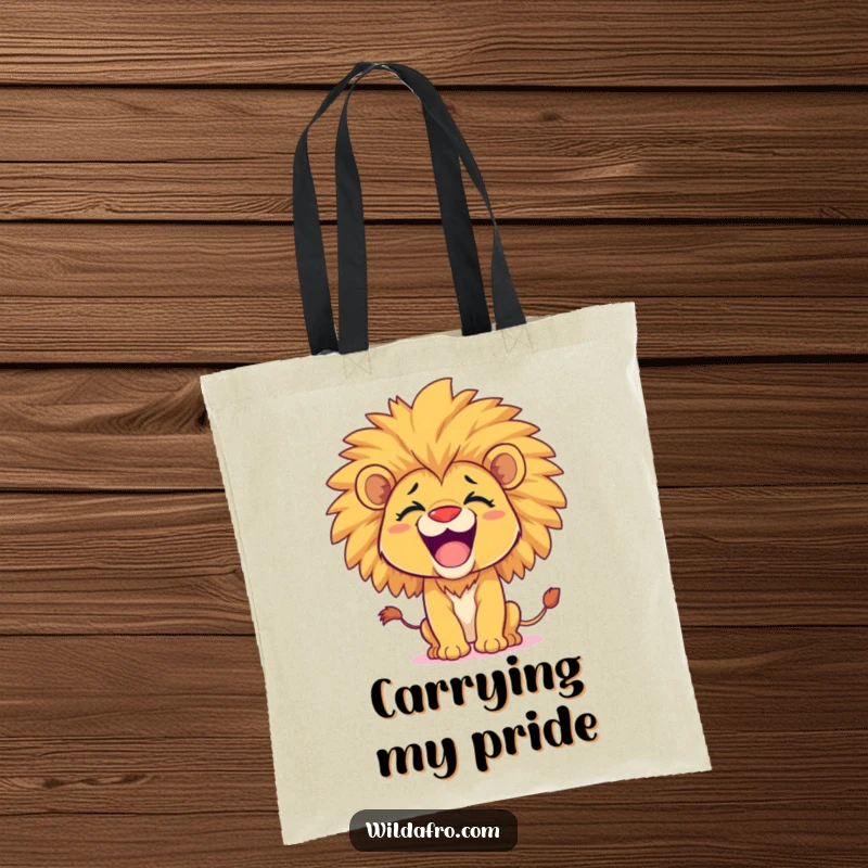 Funny lion cub tote bag, happy with a voluminous afro, playfully roaring, perfect for carrying essentials with flair. A wonderful funny gift.