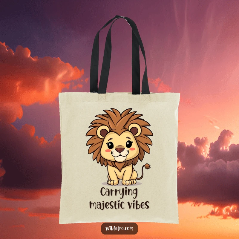 Funny lion tote bag with a proud lion character sporting a fabulous afro, shaking its mane with undeniable charisma.