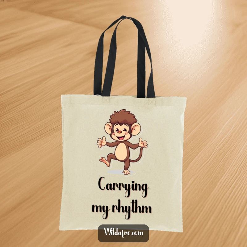 Funny monkey tote bag with an energetic monkey character wearing an afro, dancing playfully, perfect for carrying items.