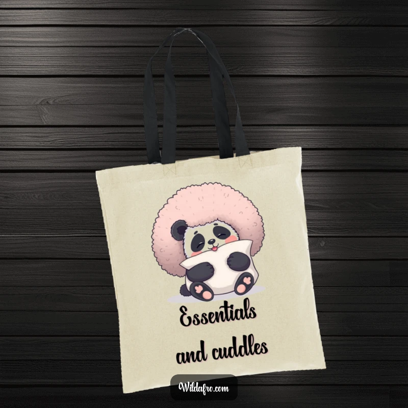 Funny panda tote bag with a giggling panda bear hugging a fluffy afro like a pillow, a humorous and practical accessory.