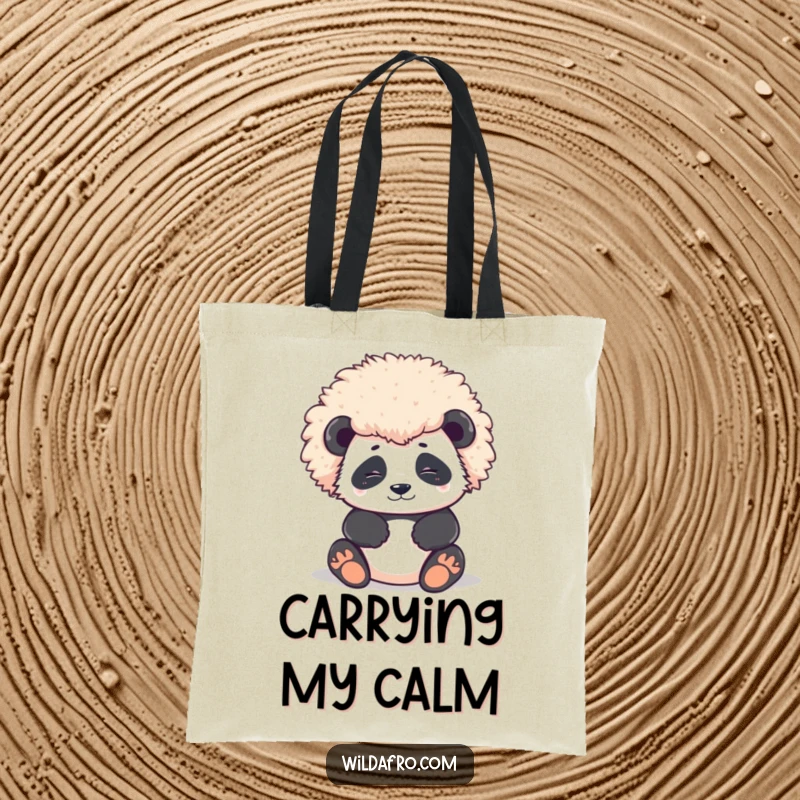 Funny Tote Bag showcasing a contented panda character relaxing with a large, magnificent, round afro, perfect for stylish and peaceful daily use.