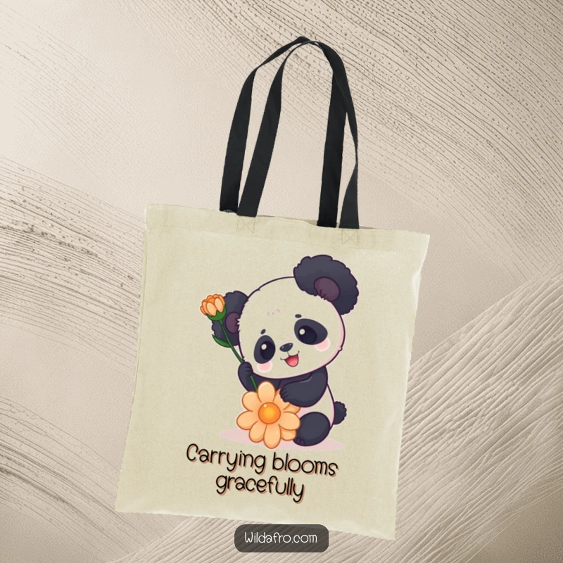 Funny Panda Tote Bag with Rounded Afro and Flower - Cute Humorous Accessory