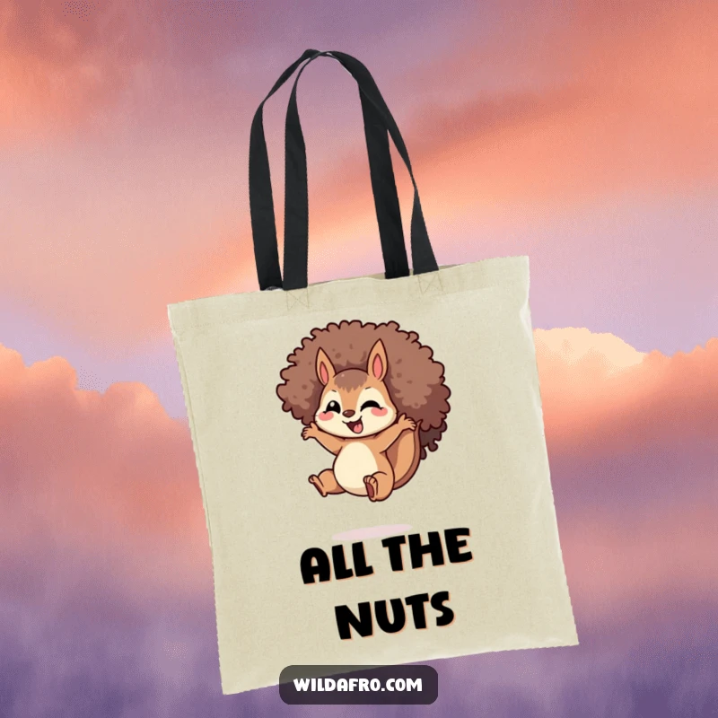 Funny Squirrel Afro Tote Bag: A delighted squirrel with a spiraled afro, jumping energetically, perfect for shopping and showcasing a humorous, action-packed design.