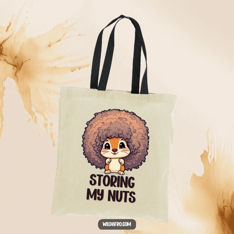 Funny Squirrel Afro Tote Bag: A curious squirrel peeks out from a vibrant, textured afro.