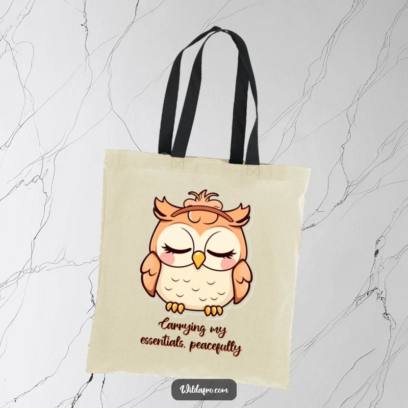 Funny tote bag featuring a blissful owl with eyes closed, sporting a fabulous afro headband, ready for shopping with a humorous flair.