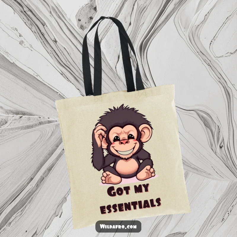 Funny chimpanzee tote bag featuring a grinning monkey character patting its bushy afro, ideal for everyday use.