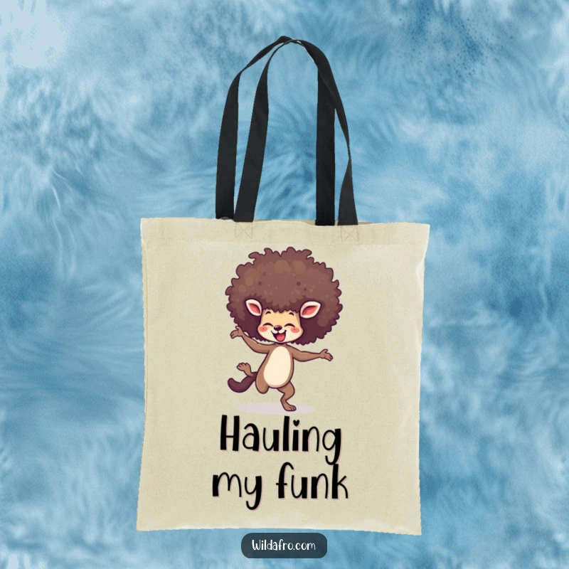 Funny tote bag featuring an agile animal dancing with abandon, its towering afro a vibrant symbol of its joyful spirit.