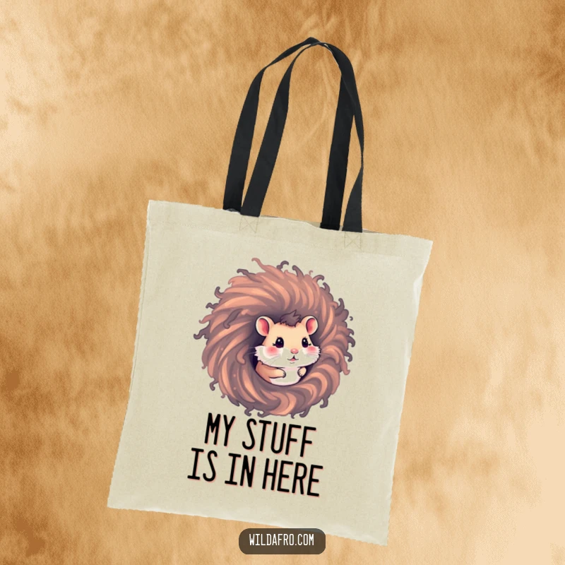 Funny hamster tote bag with a curious hamster emerging from a swirling afro hair vortex, a humorous and functional accessory.