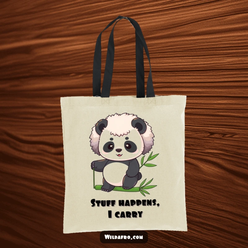 Funny panda with a stylish afro expertly balancing on a bamboo stalk, printed on a practical and humorous tote bag.